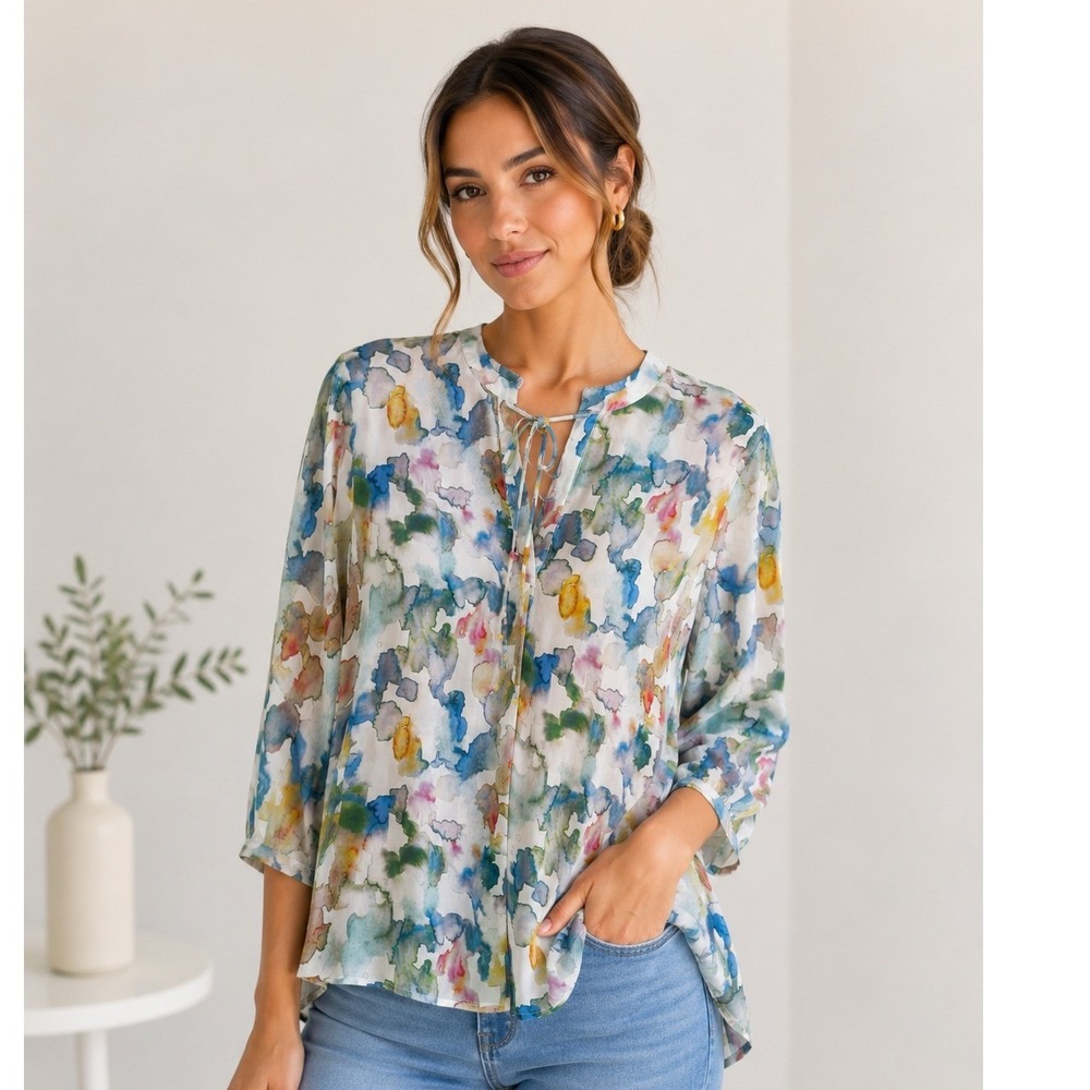 APNY New York Watercolor Floral Cupro Viscose Blouse Multi Color Size M